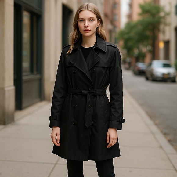 Womens Ralph Lauren Trench Coat Collared Double Breasted Black Médium P - Picture 1 of 10